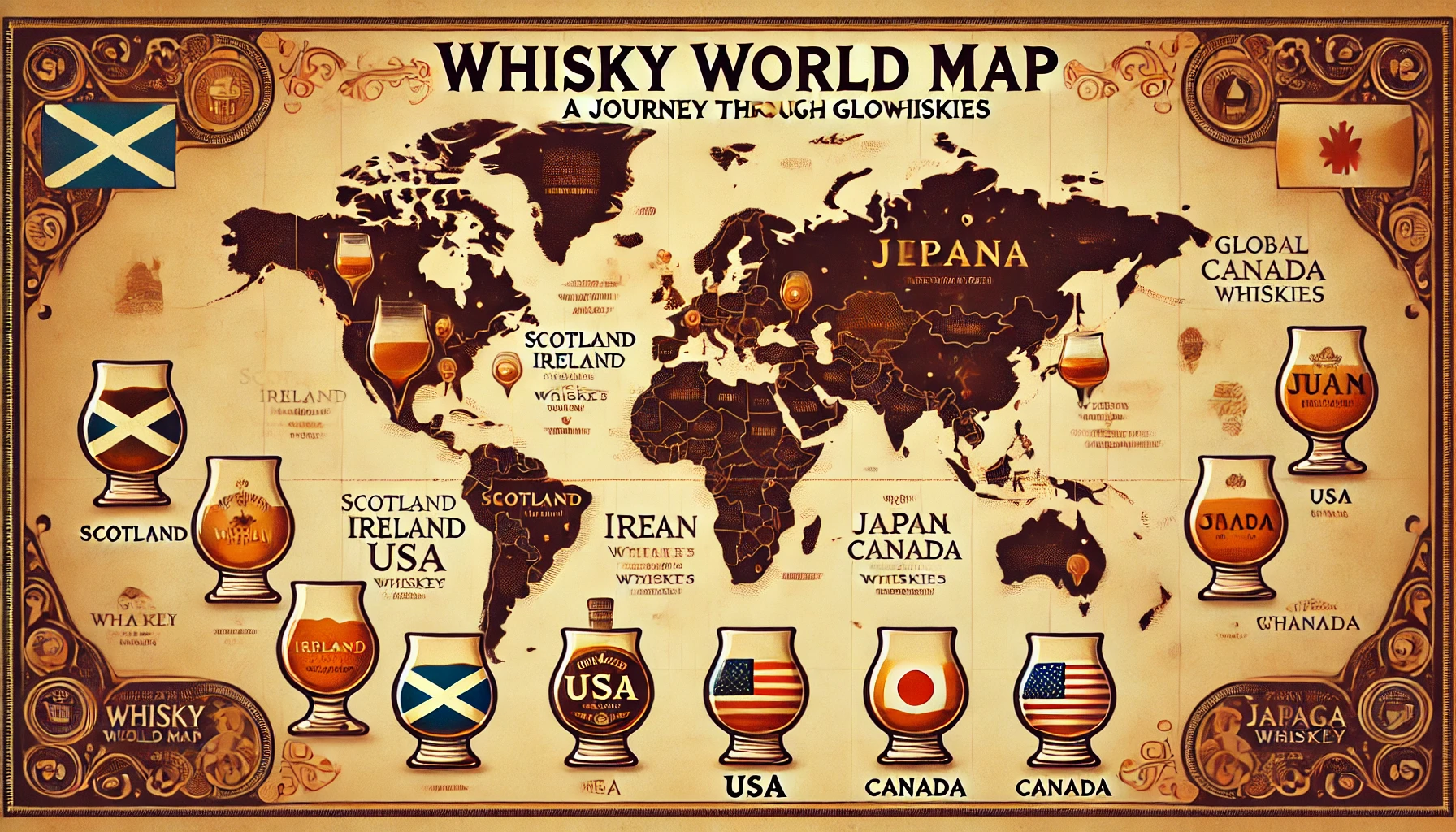 世界地図にウイスキーグラスが各国に配置されているイラスト